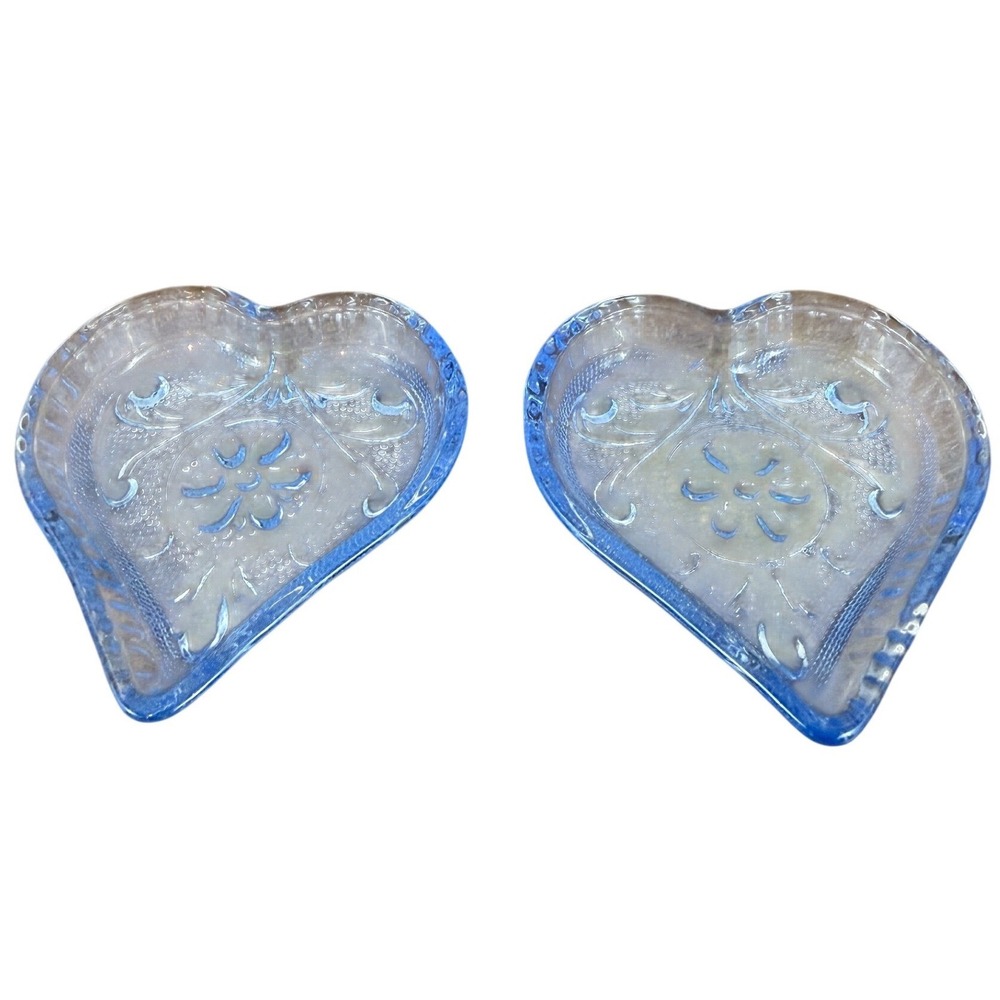 Indiana Glass Tiara Sandwich PAIR (2) Blue Glass 3" Heart Trinket Jewelry Dishes